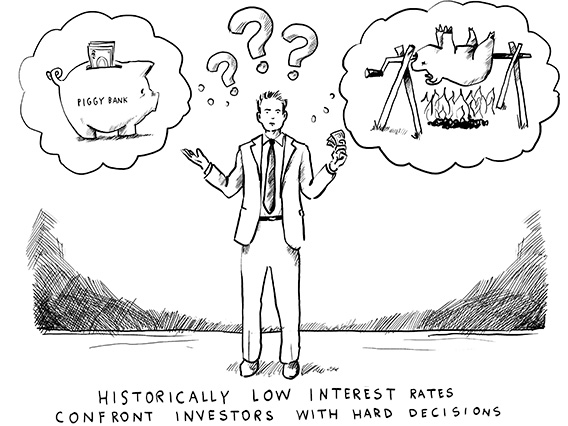Cartoon about low interest rates (illustration, © Artur Bodenstein)