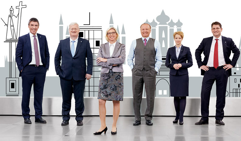 The VIG Managing Board: Roland Gröll, Martin Simhandl, Elisabeth Stadler, Franz Fuchs, Judit Havasi, Peter Höfinger (l. to r.) (photo, © Ian Ehm; illustration, © Frank Maier)